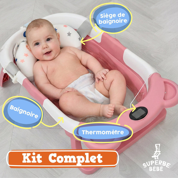 Baignoire bébé pliable - Thermomètre et coussin inclus - BEAR#couleur_pink