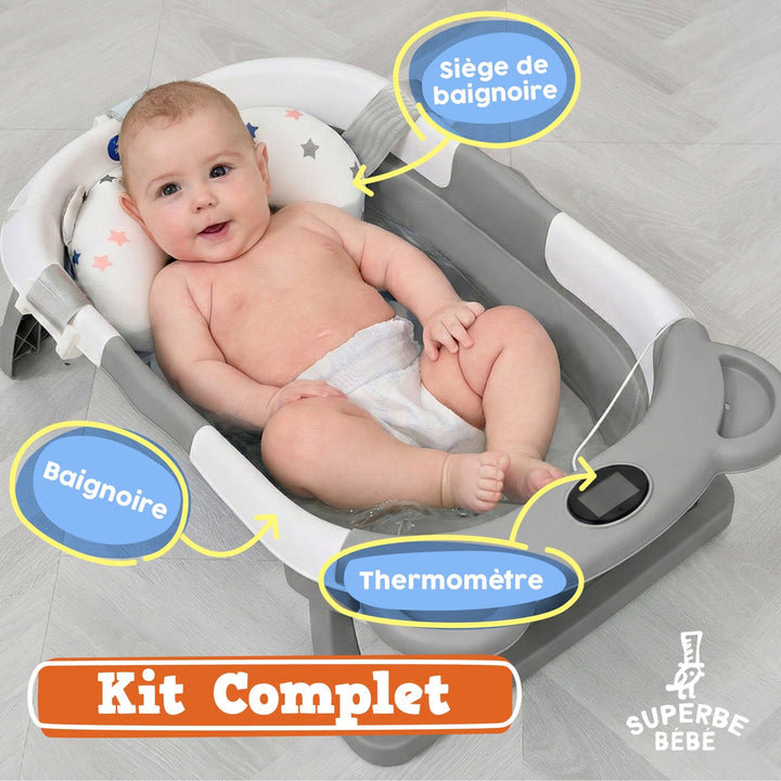 Baignoire bébé pliable - Thermomètre et coussin inclus - BEAR#couleur_grey