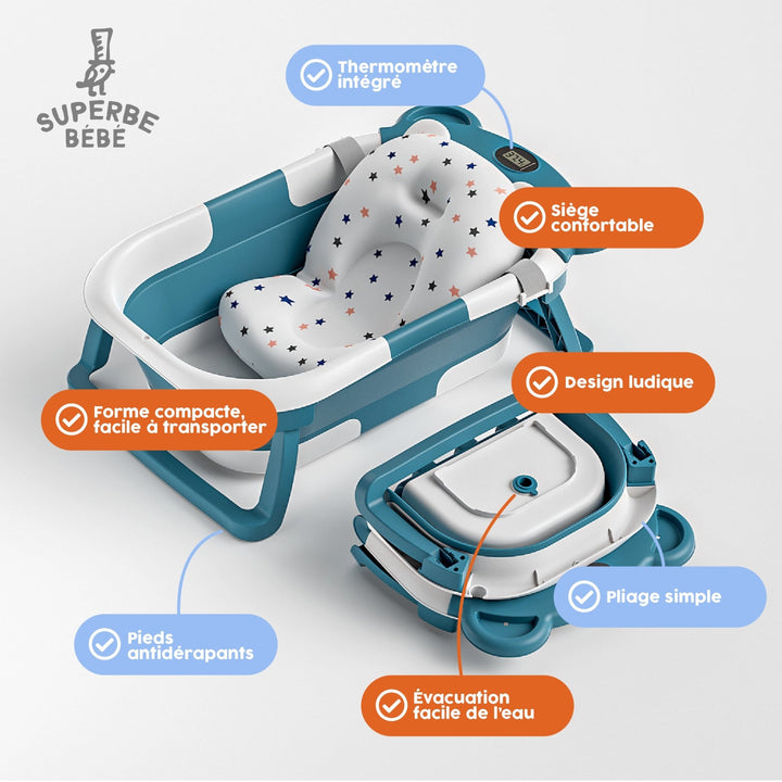 Baignoire bébé pliable - Thermomètre et coussin inclus - BEAR#couleur_green
