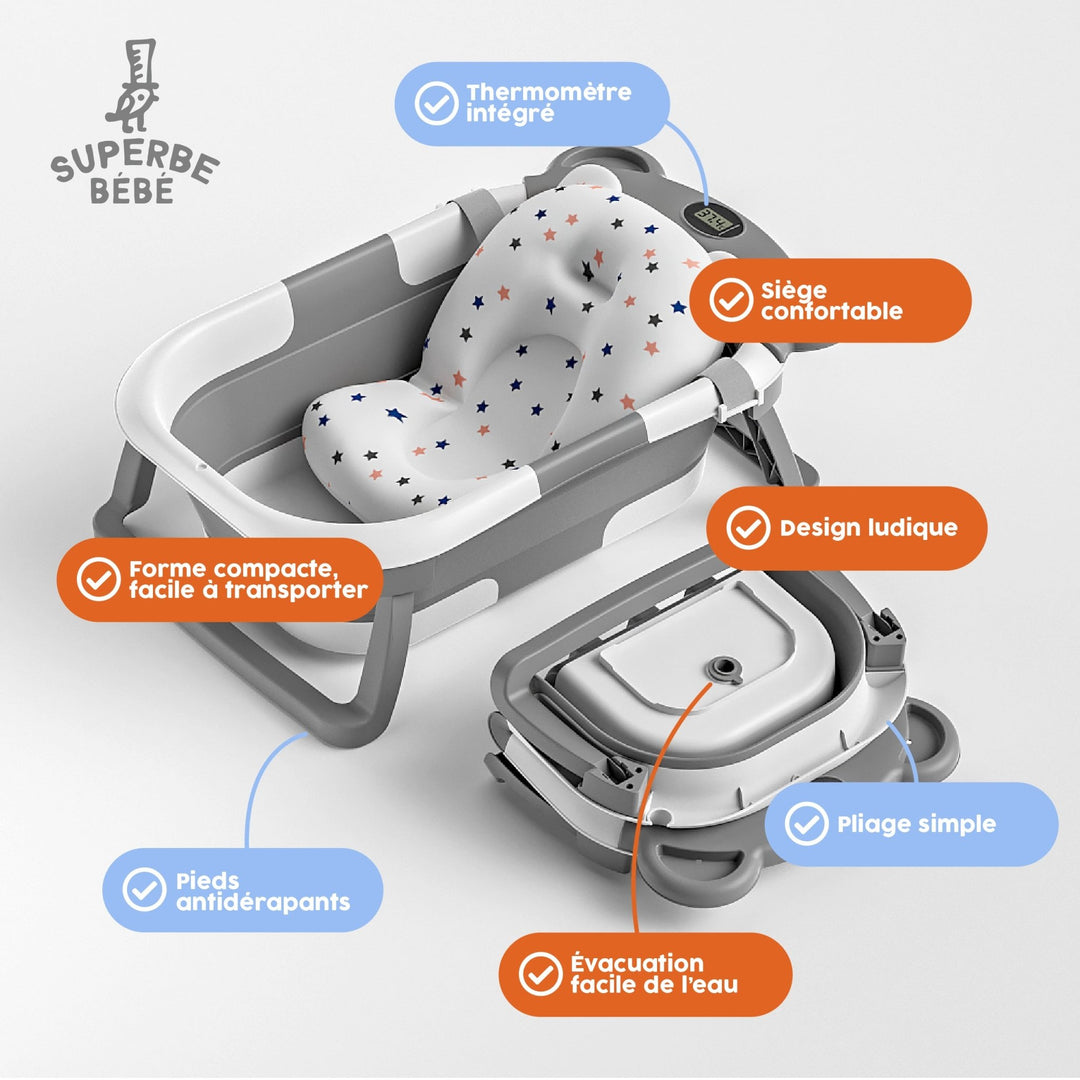 Baignoire bébé pliable - Thermomètre et coussin inclus - BEAR#couleur_grey