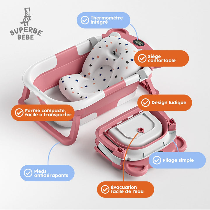 Baignoire bébé pliable - Thermomètre et coussin inclus - BEAR#couleur_pink