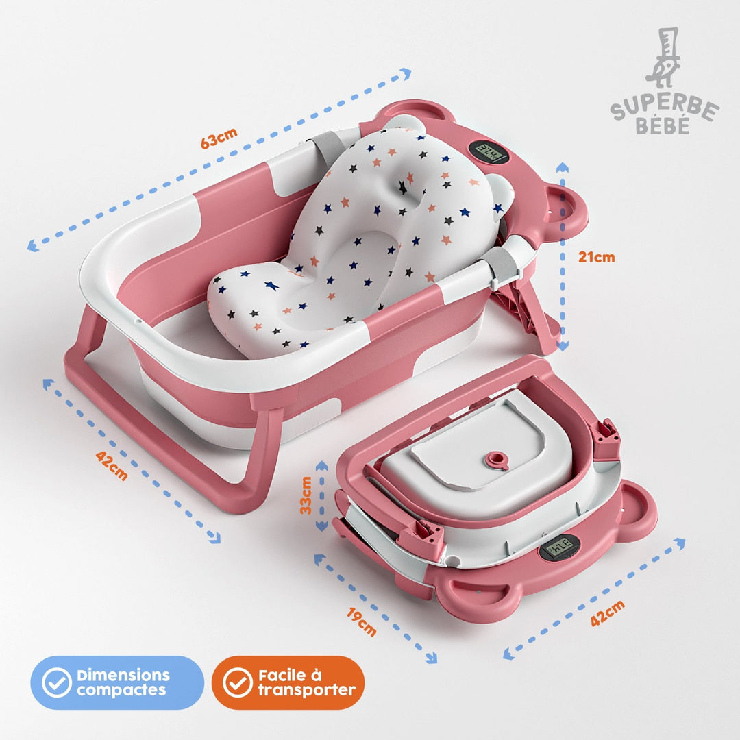 Baignoire bébé pliable - Thermomètre et coussin inclus - BEAR#couleur_pink