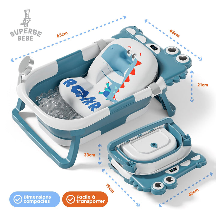 Baignoire bébé pliable - Thermomètre et coussin inclus - DINO#couleur_duck-blue