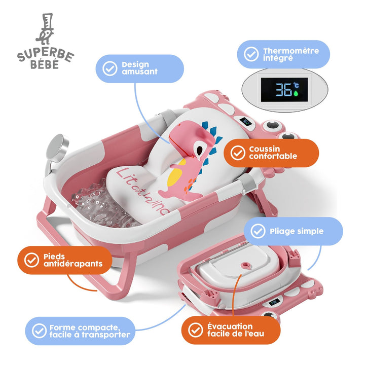 Baignoire bébé pliable - Thermomètre et coussin inclus - DINO#couleur_pink