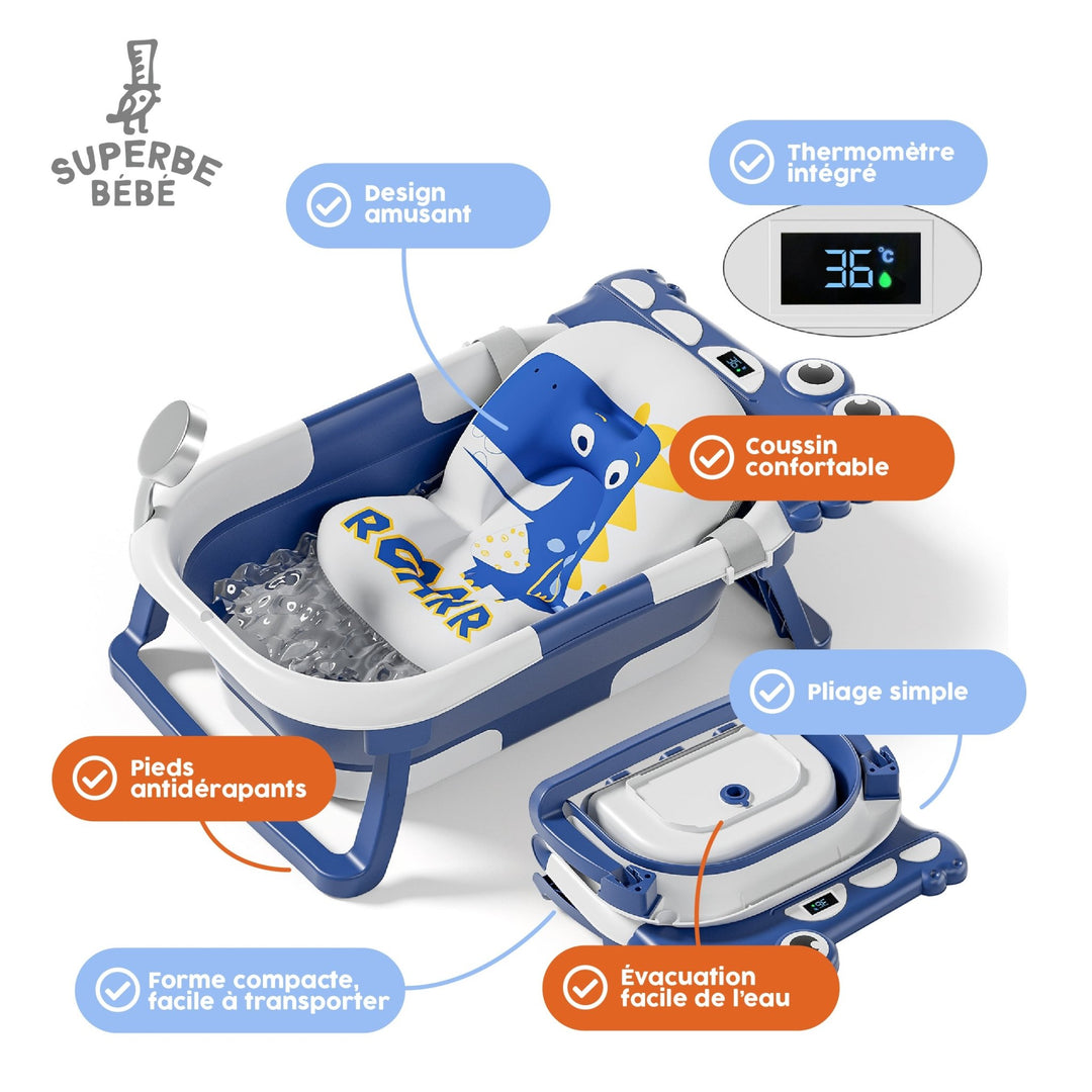 Baignoire bébé pliable - Thermomètre et coussin inclus - DINO#couleur_blue