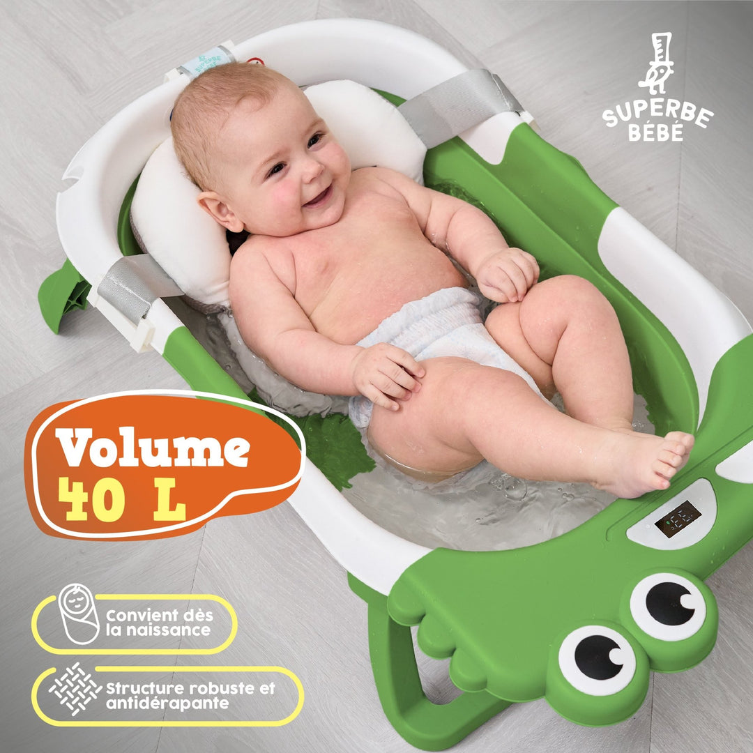 Baignoire bébé pliable - Thermomètre et coussin inclus - DINO#couleur_green