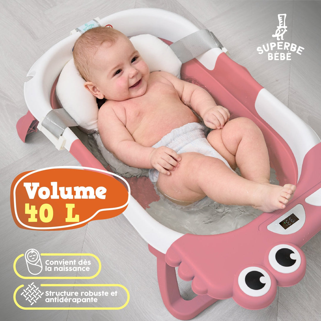 Baignoire bébé pliable - Thermomètre et coussin inclus - DINO#couleur_pink