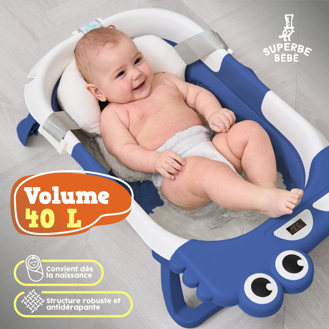 Baignoire bébé pliable - Thermomètre et coussin inclus - DINO#couleur_blue