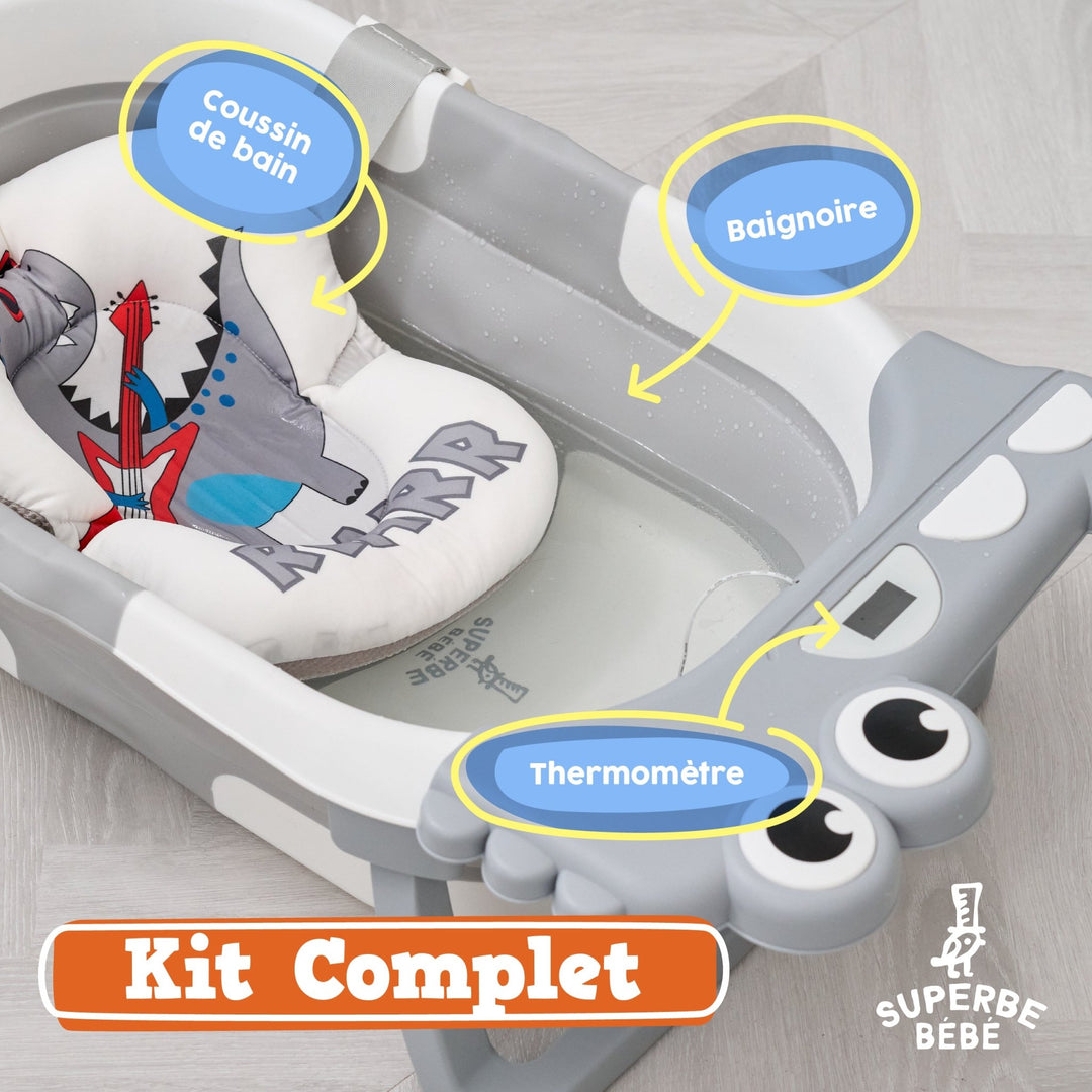 Baignoire bébé pliable - Thermomètre et coussin inclus - DINO#couleur_grey