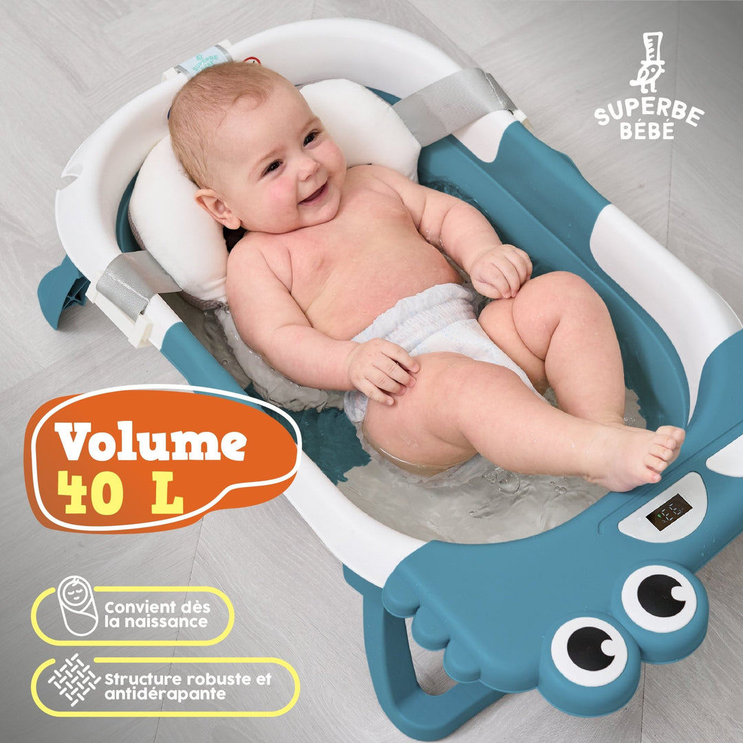 Baignoire bébé pliable - Thermomètre et coussin inclus - DINO#couleur_duck-blue