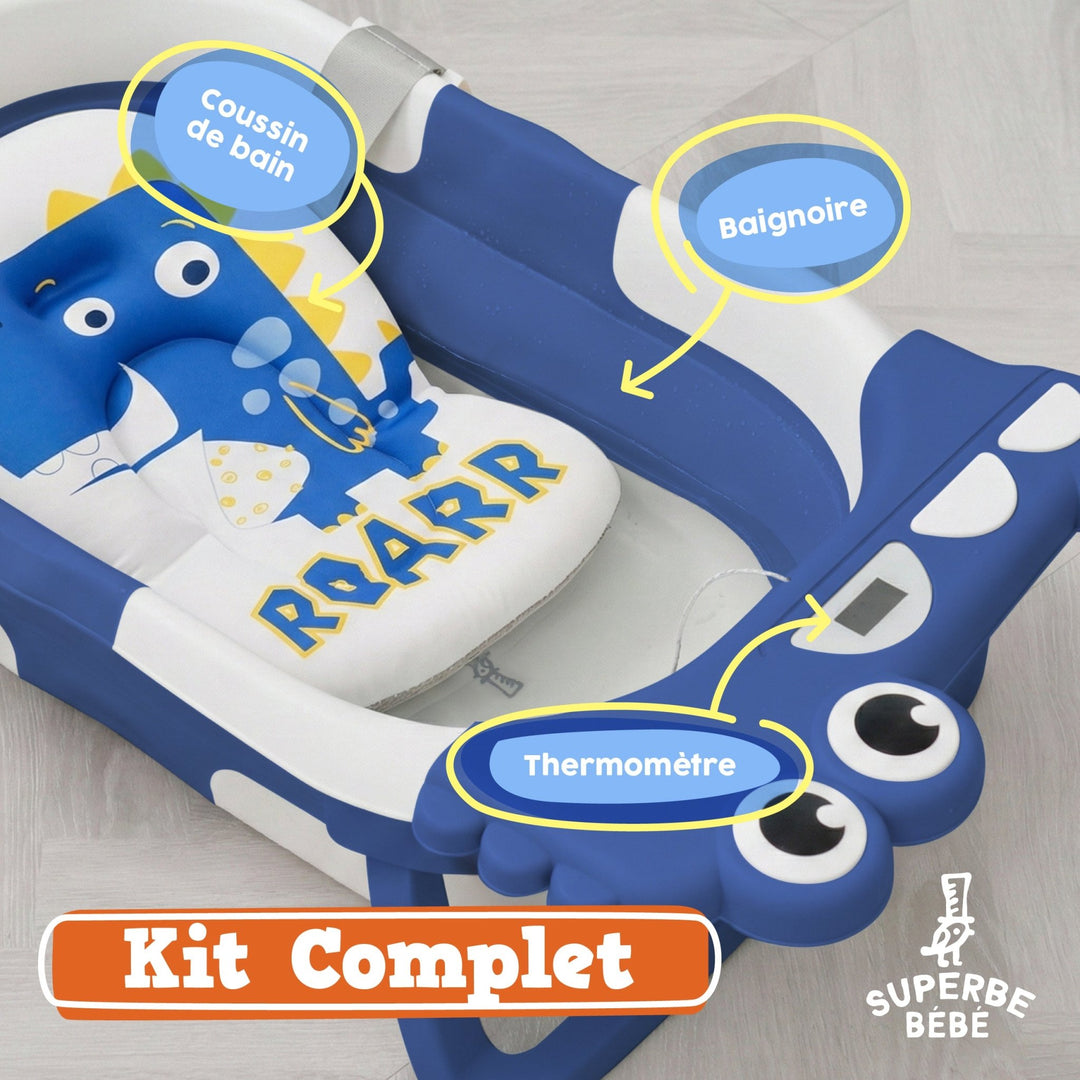 Baignoire bébé pliable - Thermomètre et coussin inclus - DINO#couleur_blue