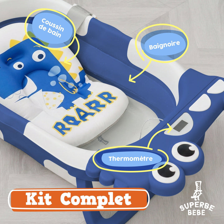 Baignoire bébé pliable - Thermomètre et coussin inclus - DINO#couleur_blue