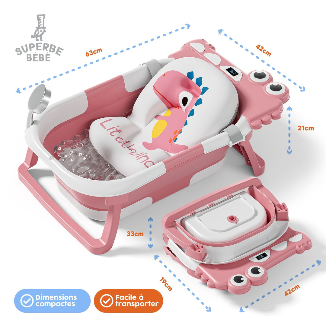 Baignoire bébé pliable - Thermomètre et coussin inclus - DINO#couleur_pink