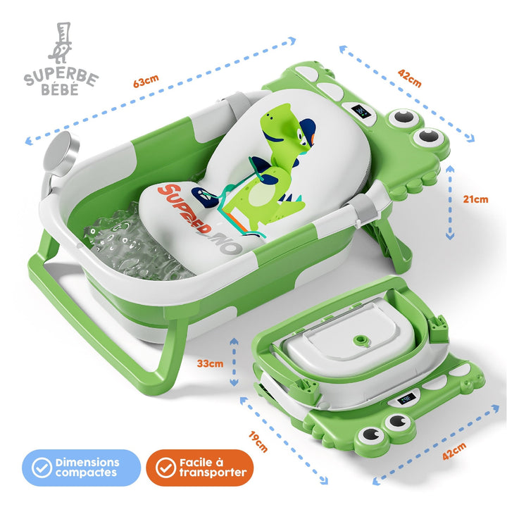 Baignoire bébé pliable - Thermomètre et coussin inclus - DINO#couleur_green