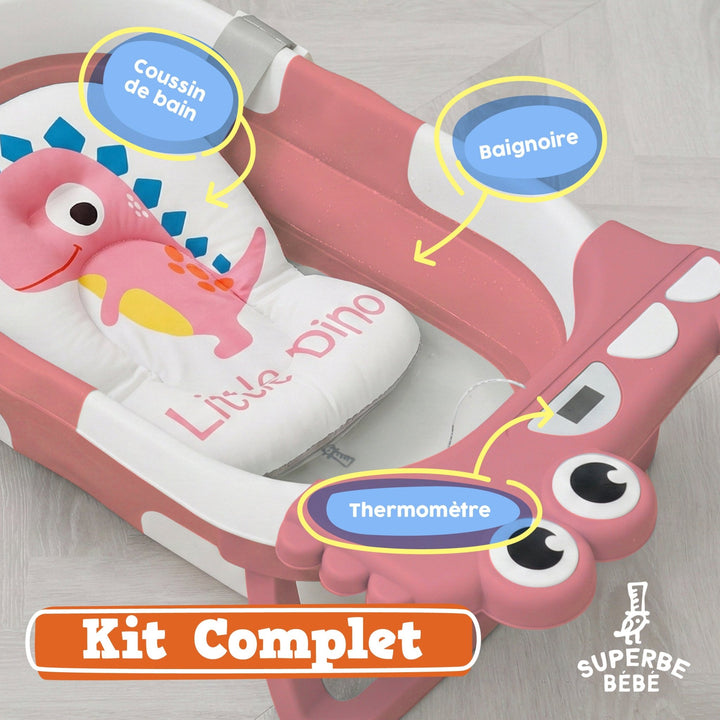 Baignoire bébé pliable - Thermomètre et coussin inclus - DINO#couleur_pink