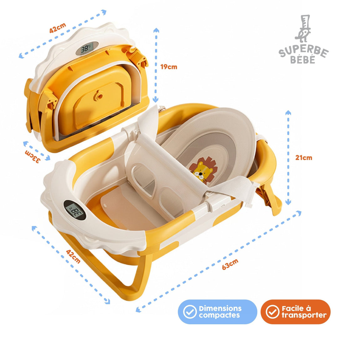 Baignoire bébé pliable compacte LION – Coussin & thermomètre inclus#couleur_jaune