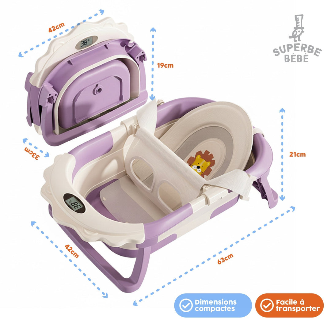 Baignoire bébé pliable compacte LION – Coussin & thermomètre inclus#couleur_violet