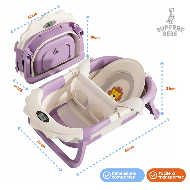 Baignoire bébé pliable compacte LION – Coussin & thermomètre inclus#couleur_violet