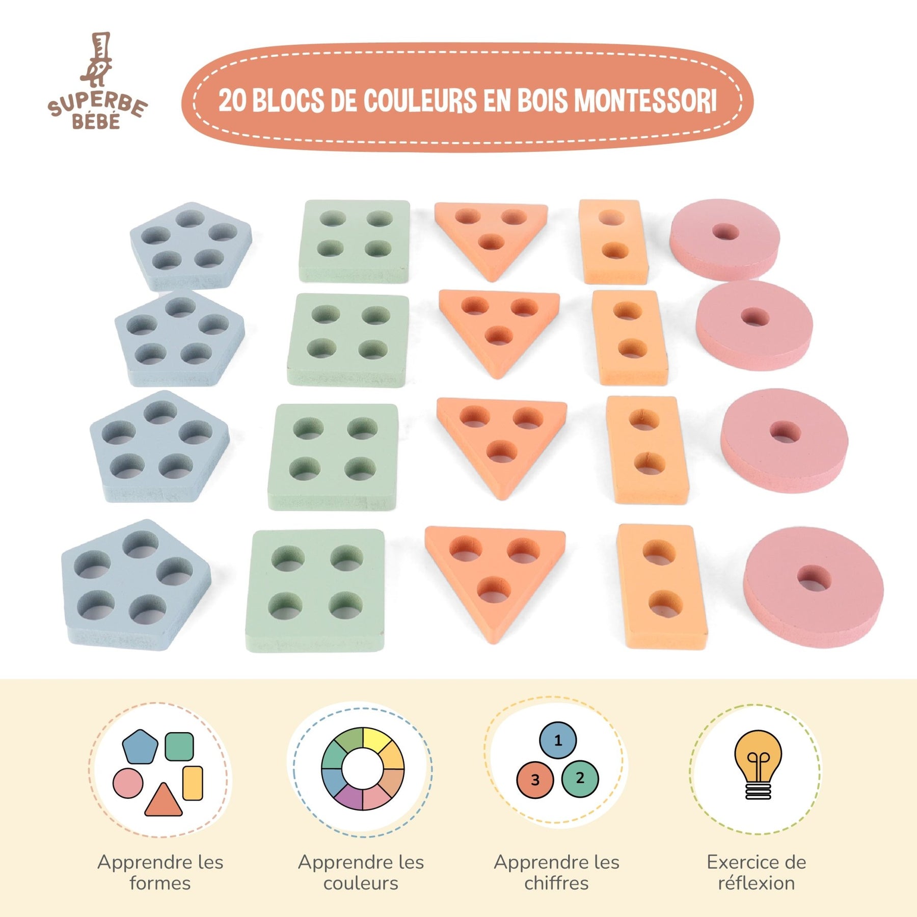 BLOCS À EMPILER en bois, perles de laçage, jouet de séquençage de BLOCS À EMPILER en bois, perles de laçage, jouet de séquençage de