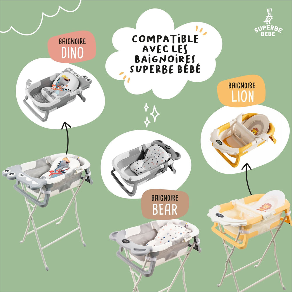 Support de baignoire bébé pliable – Kit de drainage inclus#taille_pour-baignoires-compactes-bear-dino-lion