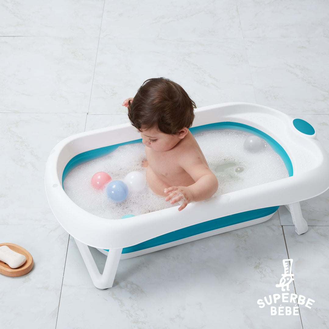 Baignoire bébé pliable avec coussin de bain et thermomètre - 5 balles offertes - Superbe Bébé