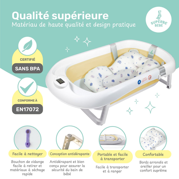 Baignoire bébé pliable - Thermomètre et coussin inclus - Superbe Bébé