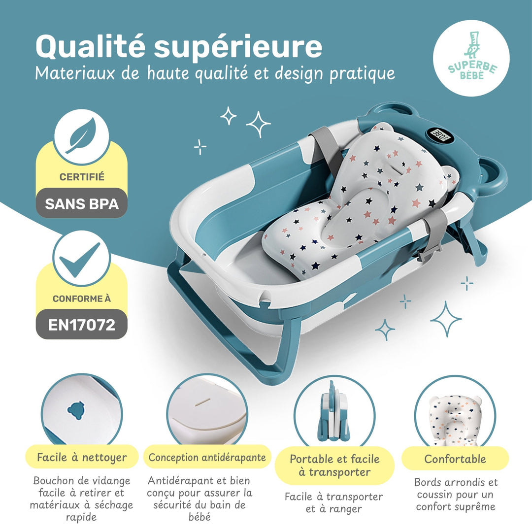 Baignoire bébé pliable - Thermomètre et coussin inclus - BEAR#couleur_vert