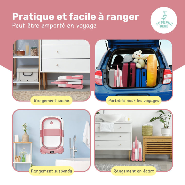 Baignoire bébé pliable - Thermomètre et coussin inclus - BEAR#couleur_rose