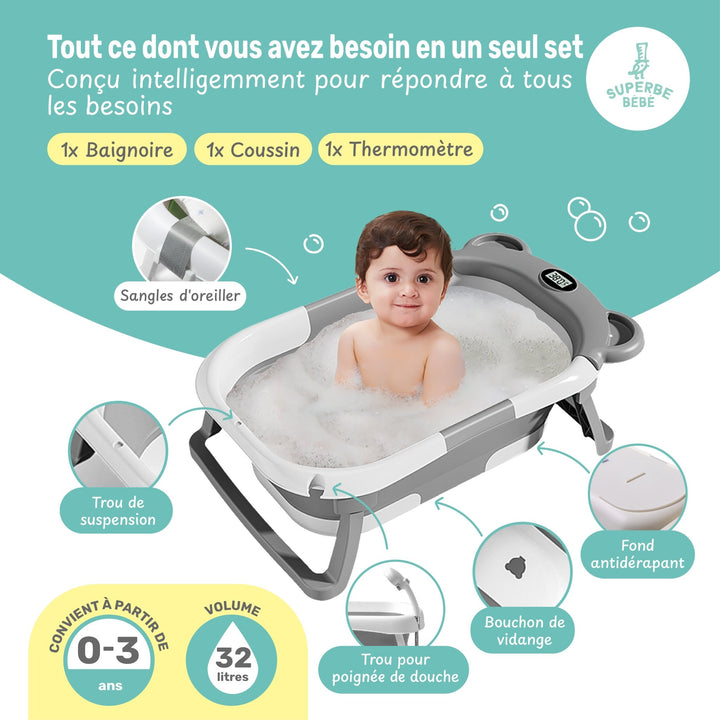 Baignoire bébé pliable - Thermomètre et coussin inclus - BEAR#couleur_gris