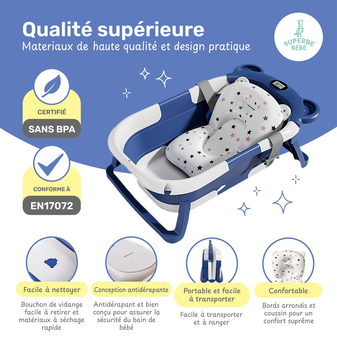 Baignoire bébé pliable - Thermomètre et coussin inclus - BEAR#couleur_bleu