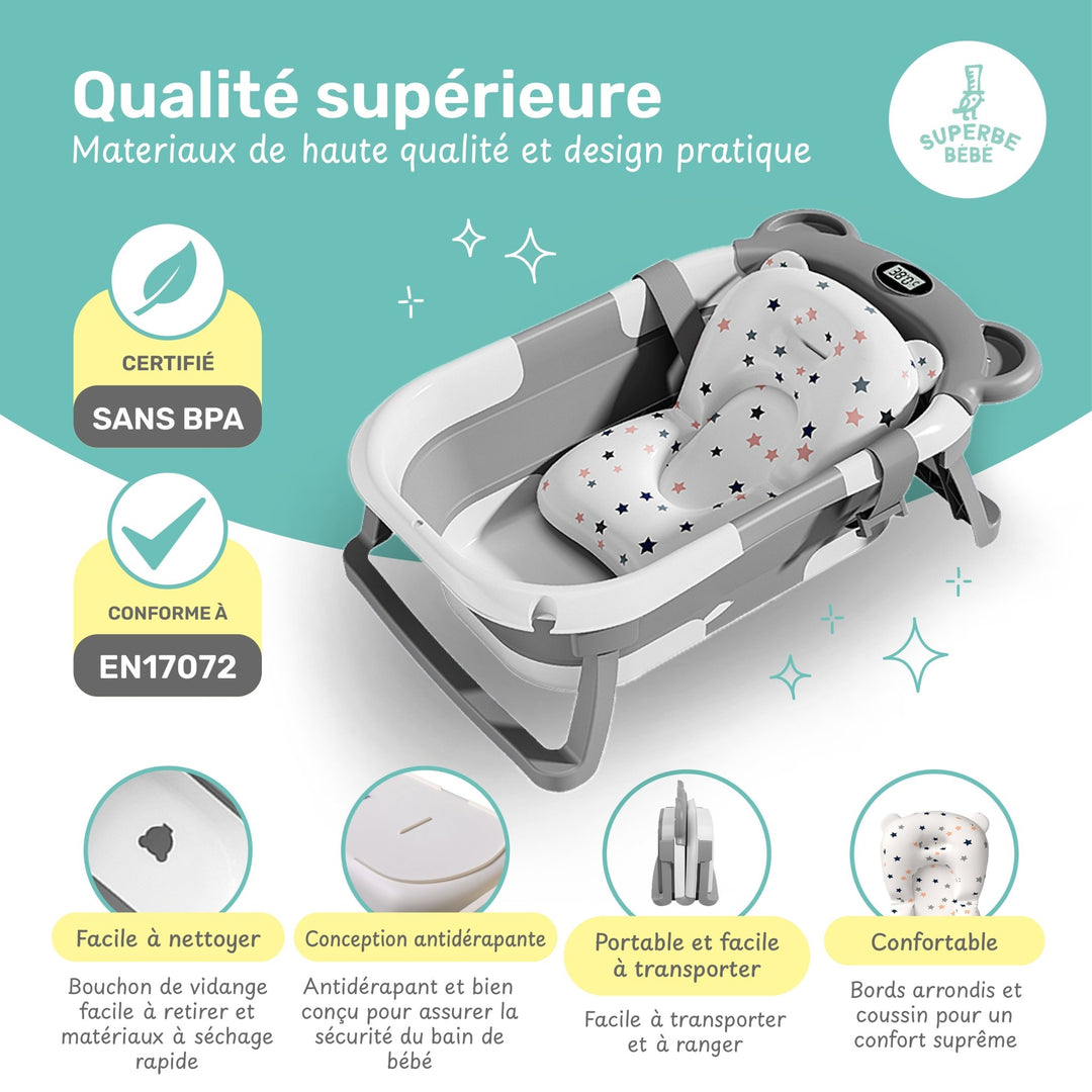 Baignoire bébé pliable - Thermomètre et coussin inclus - BEAR#couleur_gris