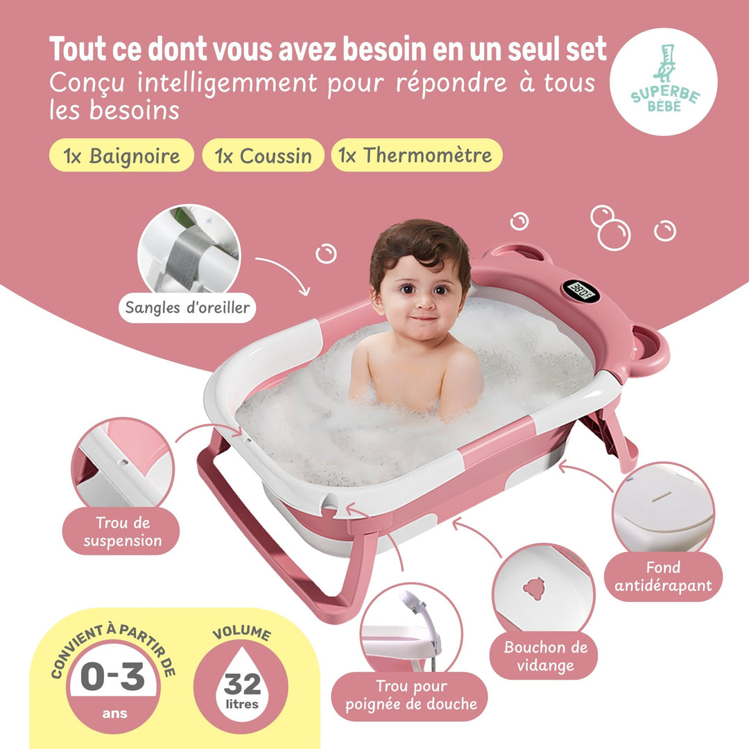 Baignoire bébé pliable - Thermomètre et coussin inclus - BEAR#couleur_rose