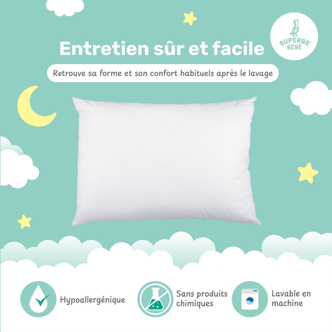 Oreiller enfant lavable, confortable, hypoallergène et super cute